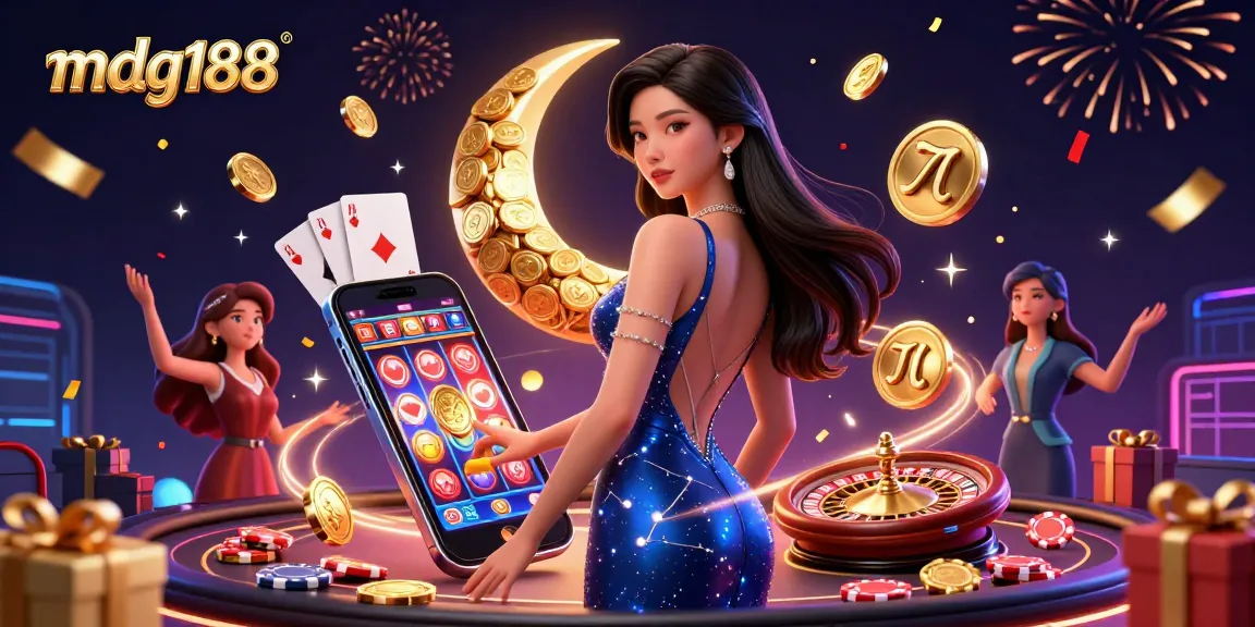 Experience the excitement of mdg188 with a stunning casino-themed illustration featuring vibrant slot games and a beautiful Asian character.