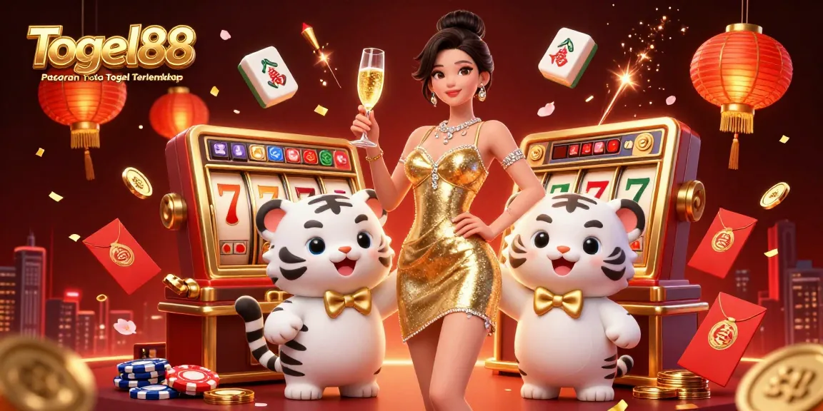 Togel88 Pasaran Toto Togel Terlengkap showcases glamorous casino scene with slot reels and vibrant elements.