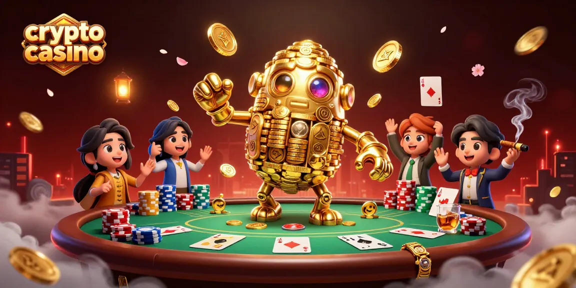 Gioca nel crypto casino con slot machine e un golem d'oro in un'illustrazione 3D ricca di dettagli.