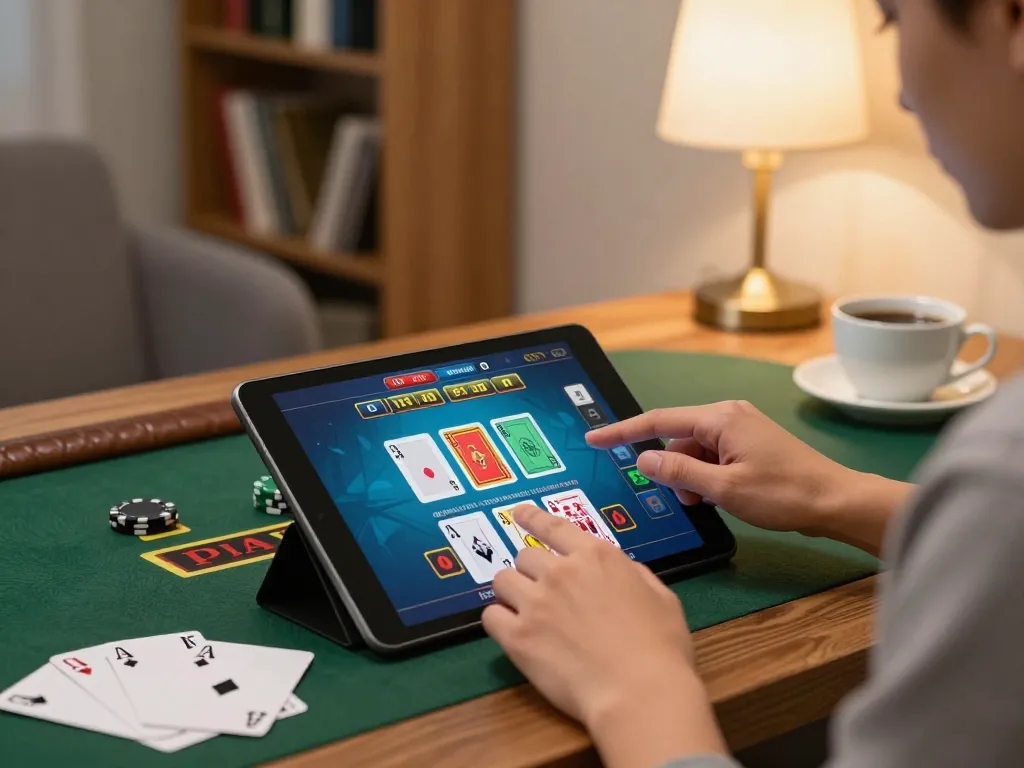 Engaged player enjoying blackjack on HB88 app, showcasing interaction in cozy gaming atmosphere.