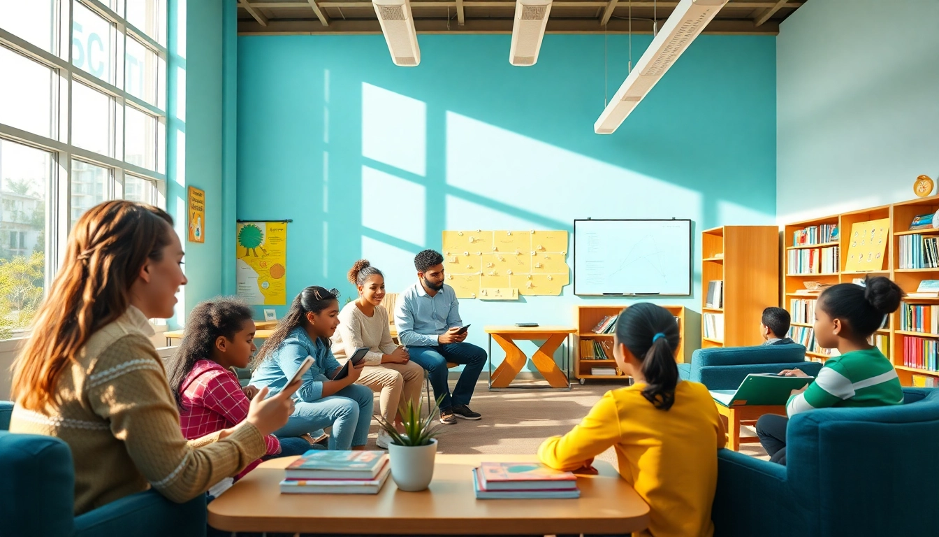 Engaging classroom scene promoting education equity with diverse students collaborating using technology.