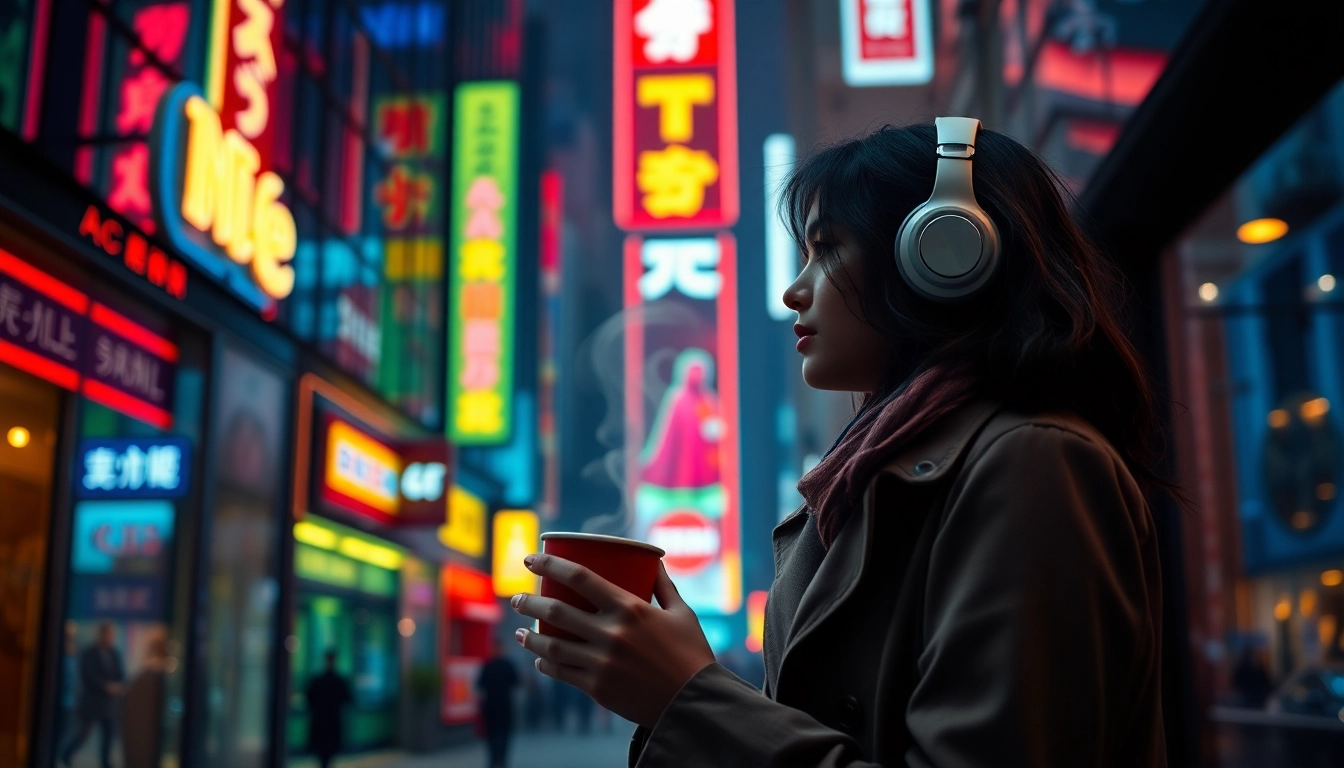 Image to prompt generator showcasing a young woman in a cityscape with neon reflections, creating a vibrant urban atmosphere.