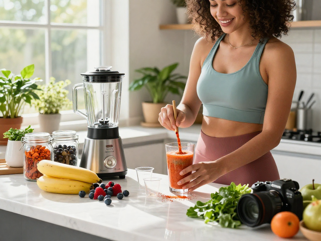 Preparing a smoothie with Haematococcus pluvialis astaxanthin in a bright kitchen