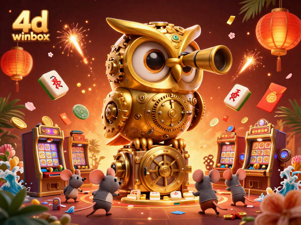 Experience the thrill of 4D Winbox lottery with a vibrant casino scene featuring a whimsical owl and lively characters.