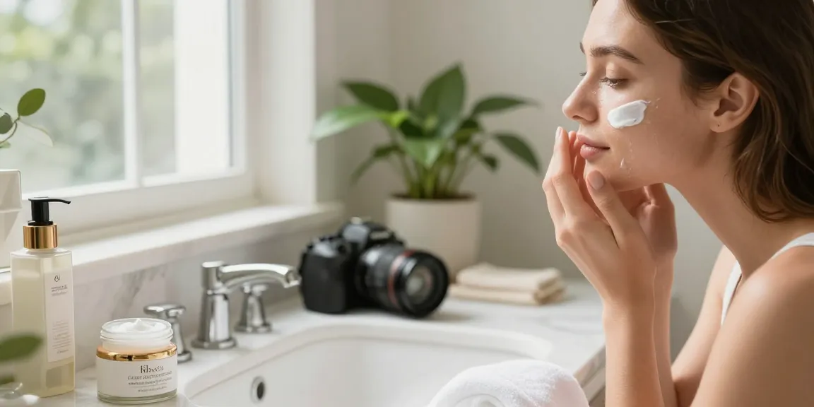 Aplicarea cremei hidratante pentru față cu lumină naturală într-un mediu de baie luxos.