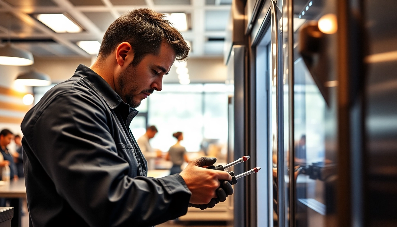 Technician performing commercial appliance repair on a high-end refrigerator in a restaurant kitchen.