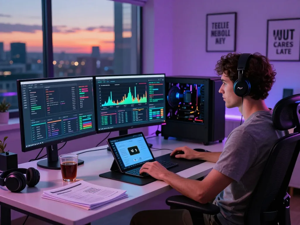 Focused individual analyzing digital asset mining platform statistics in a modern workspace with multiple displays.