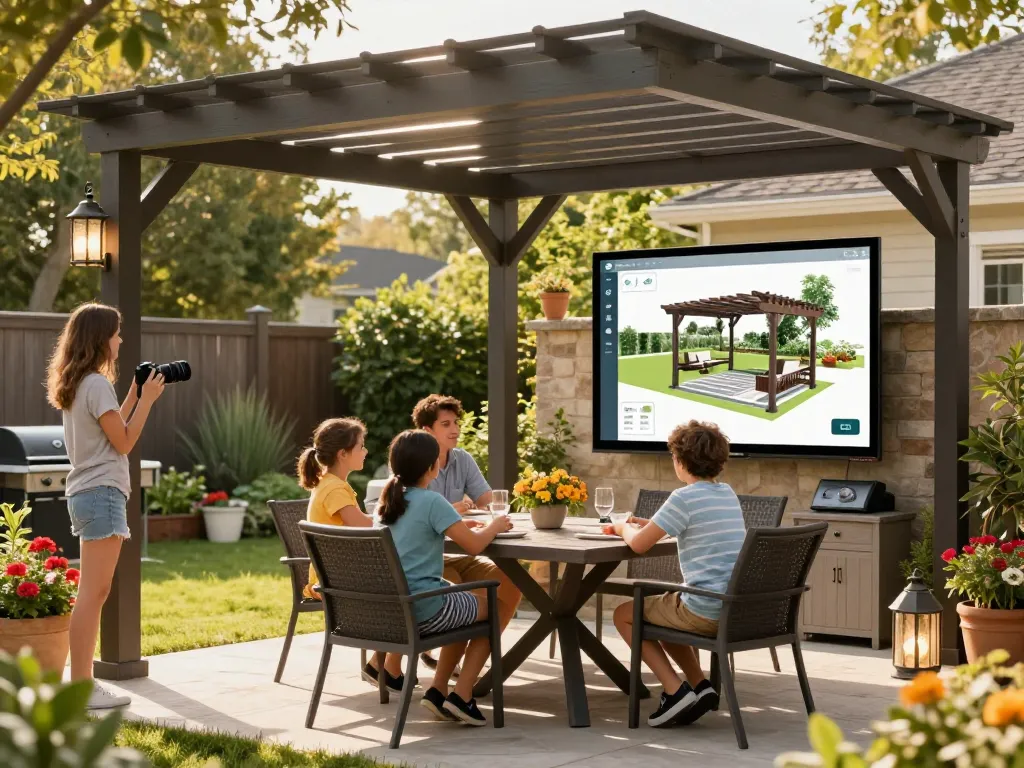Interactive scene with a 3D pergola configurator displayed in a backyard, family enjoying outdoor dining.