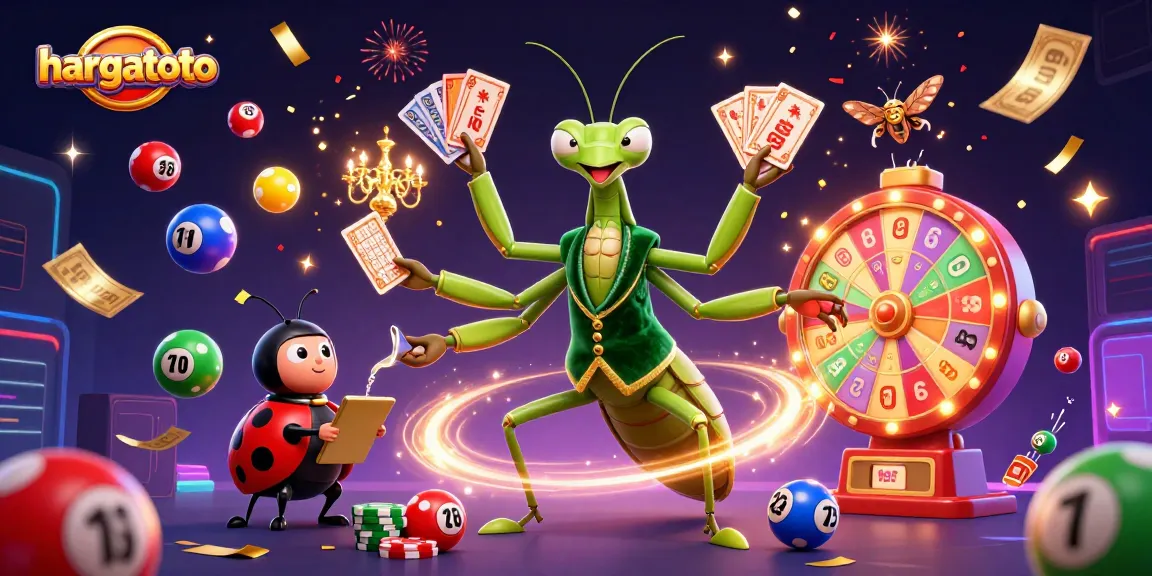 Experience the excitement at HARGATOTO, where colorful lottery balls soar amidst vibrant gambling celebrations.
