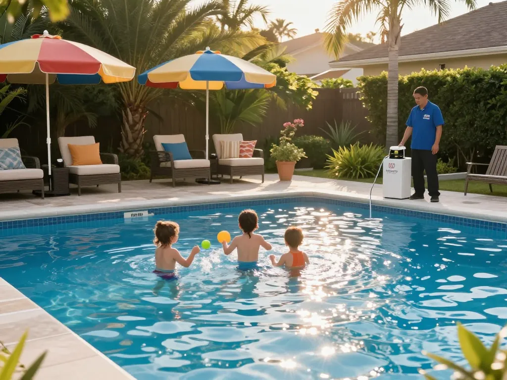Dolphin Pool Services technician performing maintenance in a vibrant pool setting with happy family.