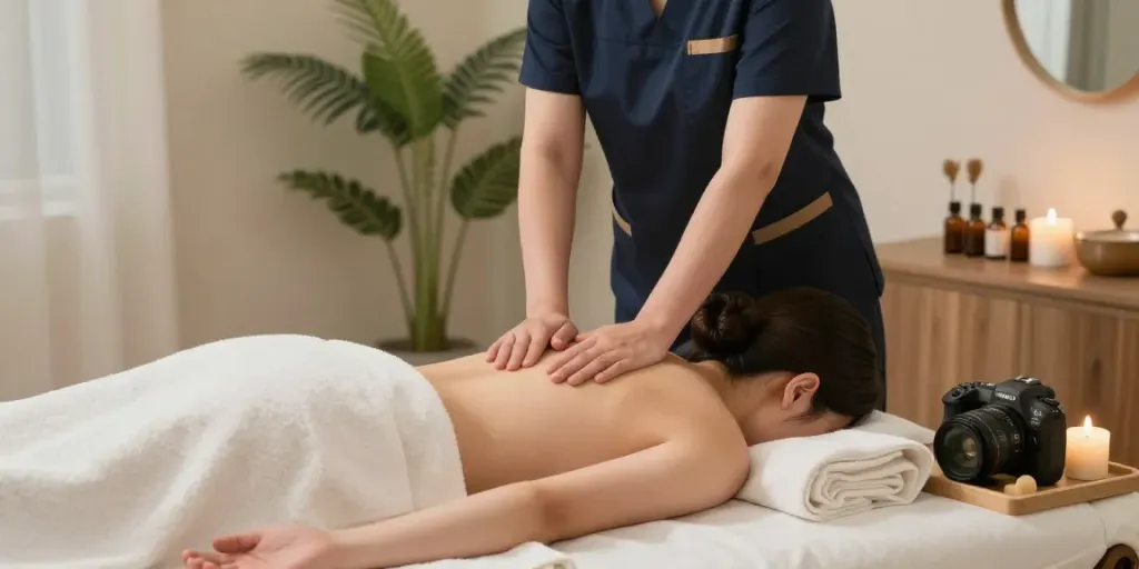 Relaxing 목동출장마사지 session in a serene home environment with essential oils and soft lighting.