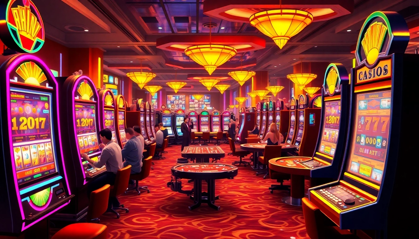 Permainan casino bbni4d menampilkan mesin slot neon dan pemain antusias.