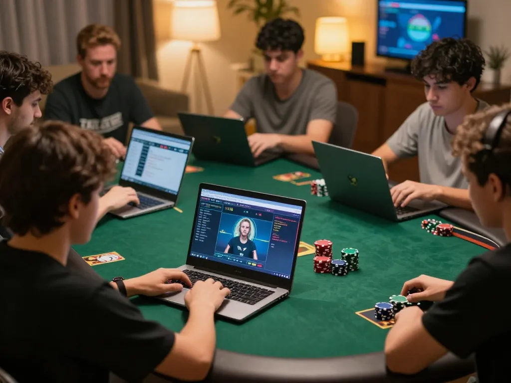 Players engaging in an intense online poker game at home using AE888, showcasing strategy and excitement.