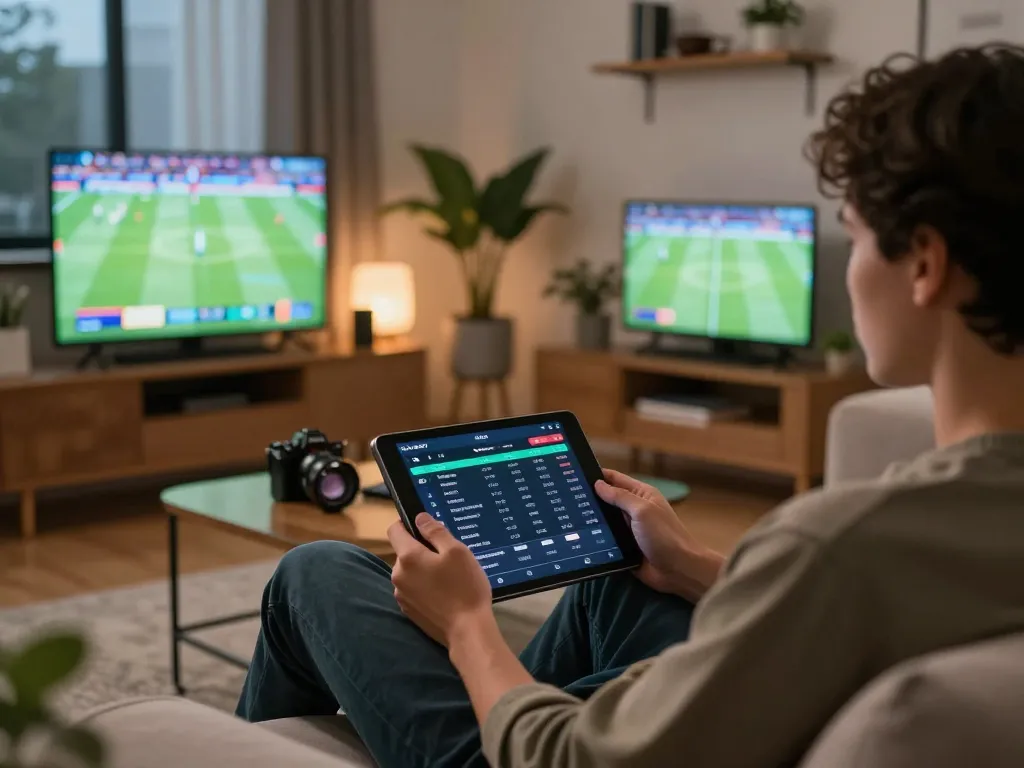 Engaging in sports betting on fabet with live odds displayed on tablet in cozy living room.