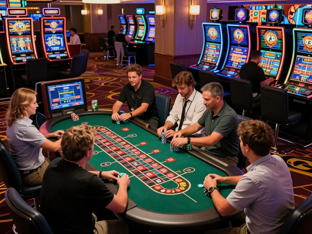 Experience the energy of casino senza licenza aams with players engaged at roulette and slots amidst vibrant decor.