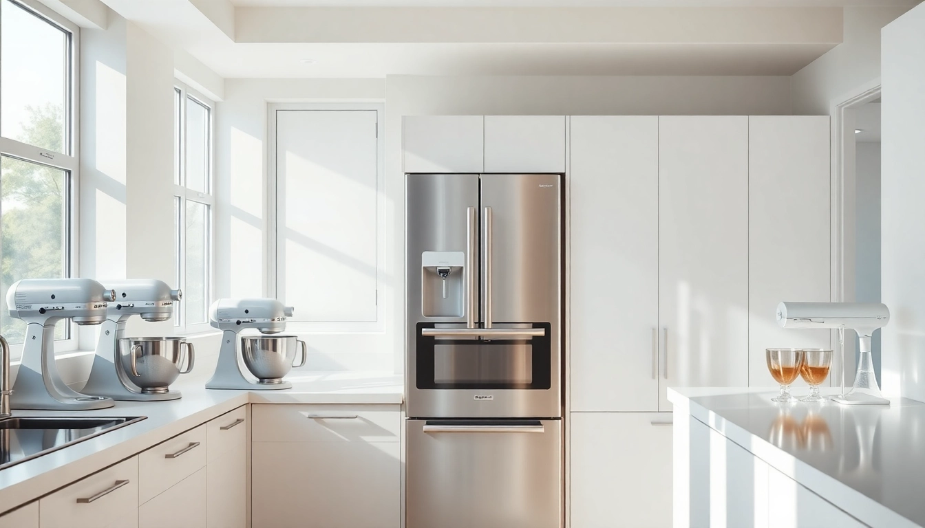 Showcase of modern home appliances in a stylish kitchen, emphasizing functionality and design.