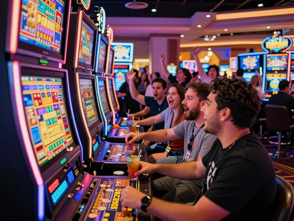Players celebrating at a link slot machine in a vibrant casino atmosphere filled with neon lights and cheers.