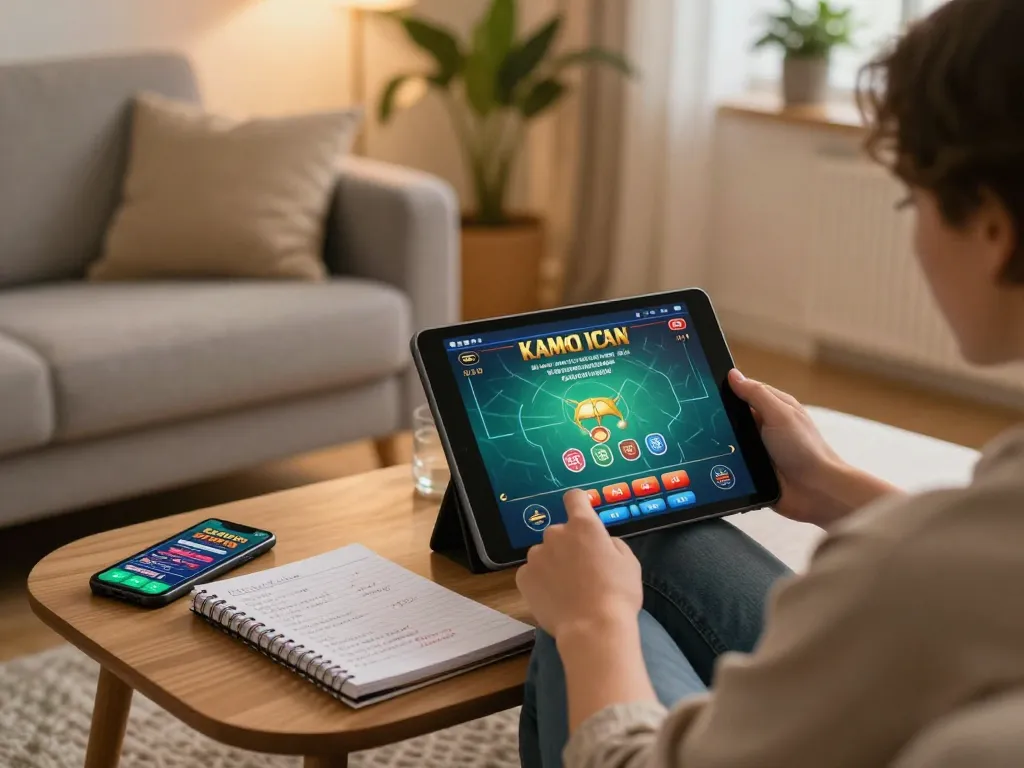 Engaging in casino americani online gaming at home with a person strategizing and using a tablet.