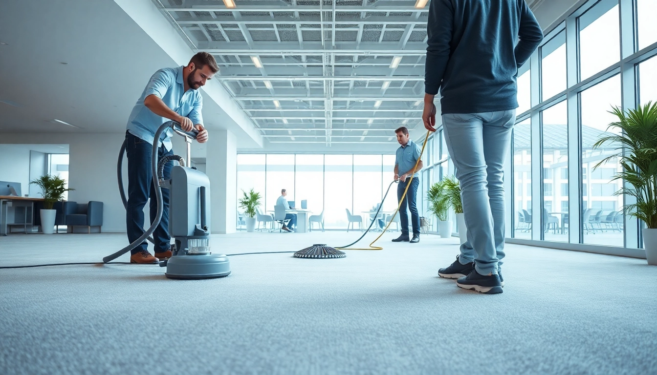 Professional team performing commercial carpet cleaning in a sleek office environment.