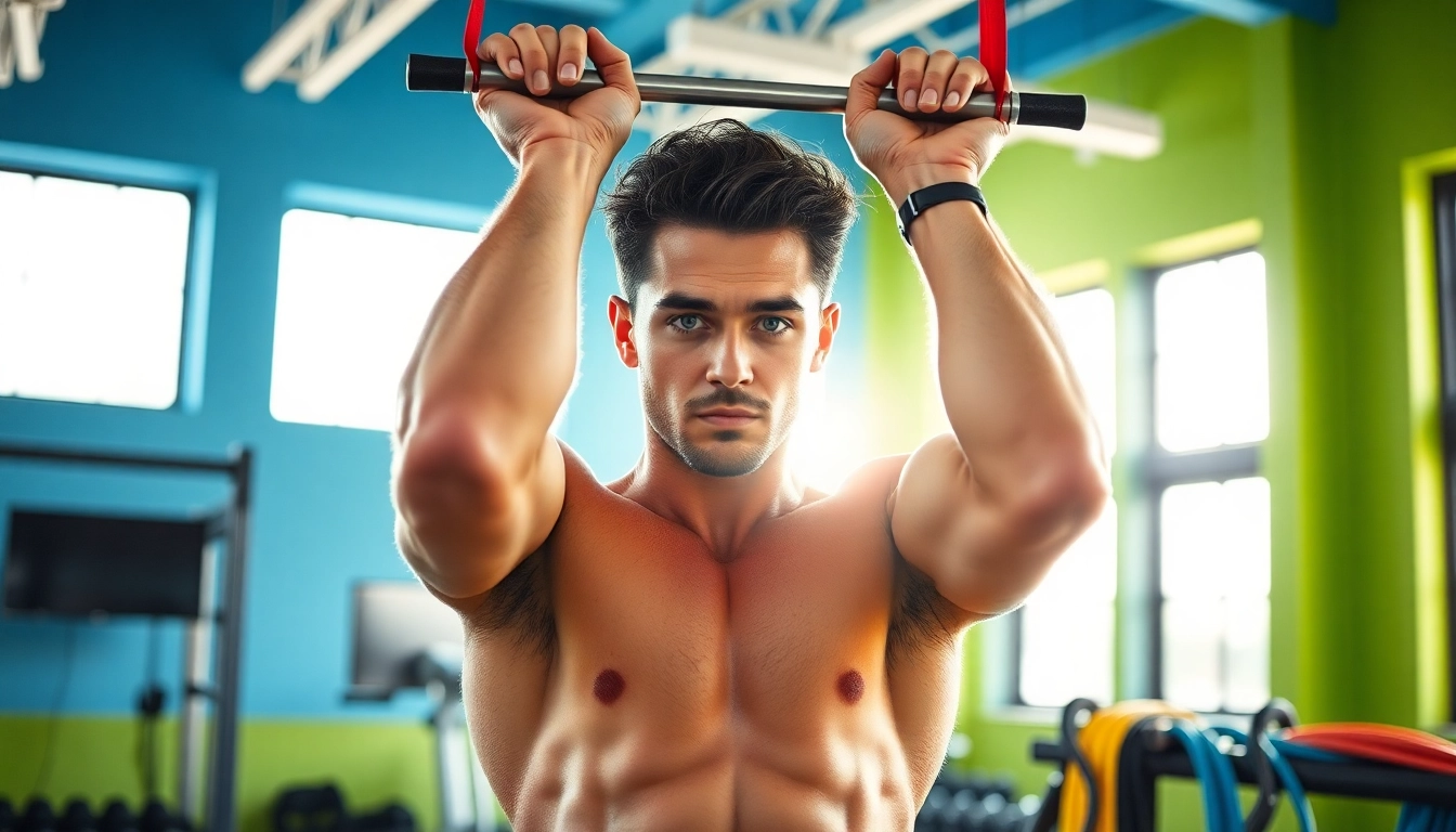 Active person using resistance bands for pull-ups in a vibrant gym setting.