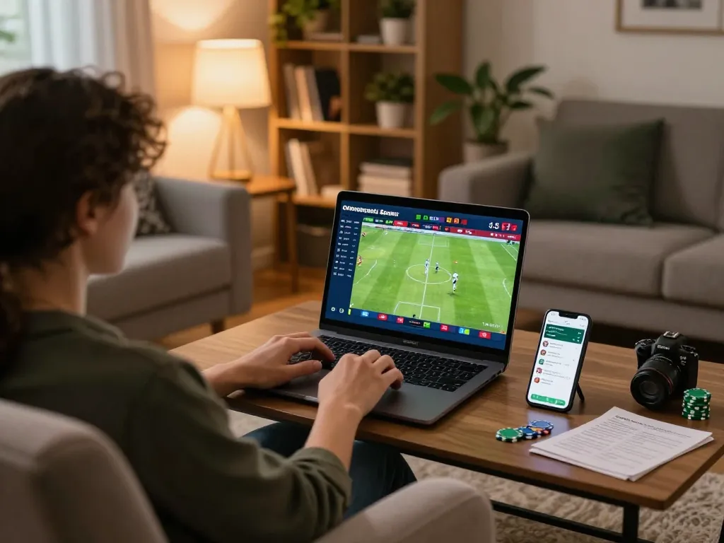 Engaging in keo nha cai betting with laptop and smartphone in cozy home setting.