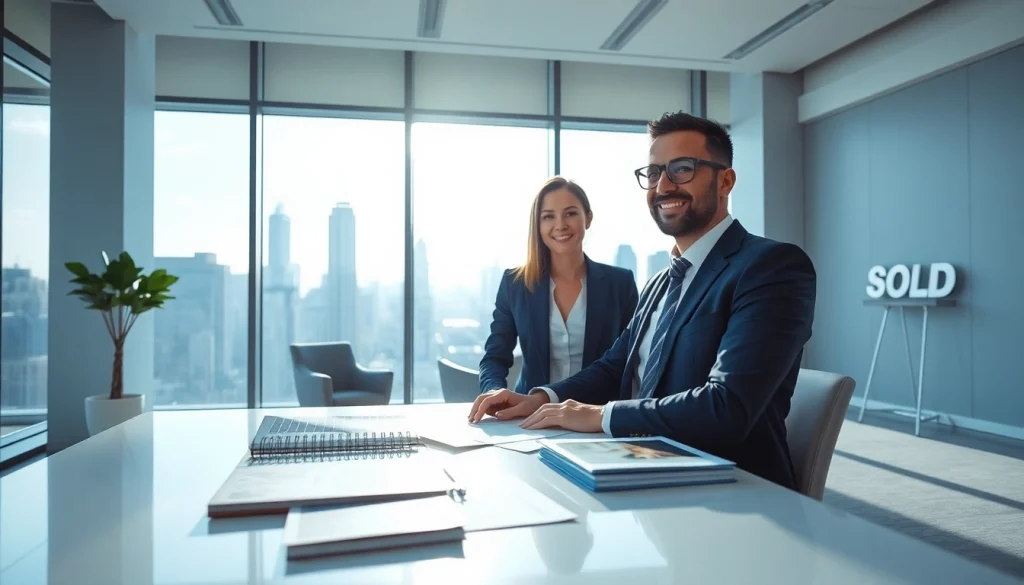 Showcasing real estate agent engaging with clients in a modern office environment.