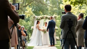 Professional videographers in Toronto capturing an outdoor wedding ceremony with a joyful atmosphere.