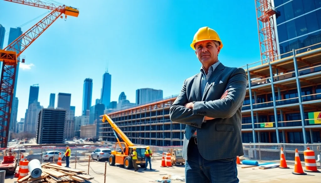 New Jersey Construction Manager supervising a vibrant urban construction site in Jersey City.