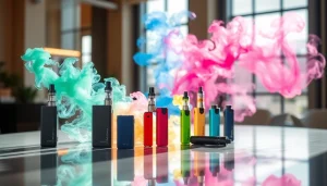 Elfbar Vape Geräte stilvoll präsentiert mit bunten Dampfwolken im Hintergrund.