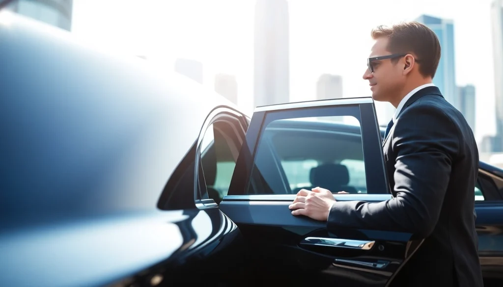 Experience Chauffeur Hire with a professional chauffeur welcoming a passenger in luxury.
