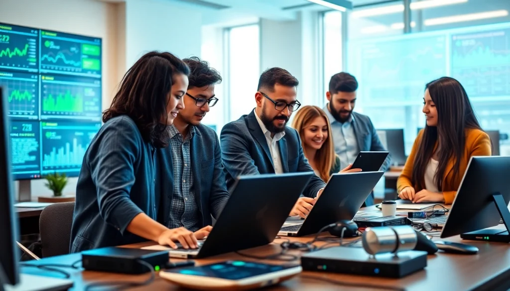 Collaborating professionals explore technology in a modern workspace environment.