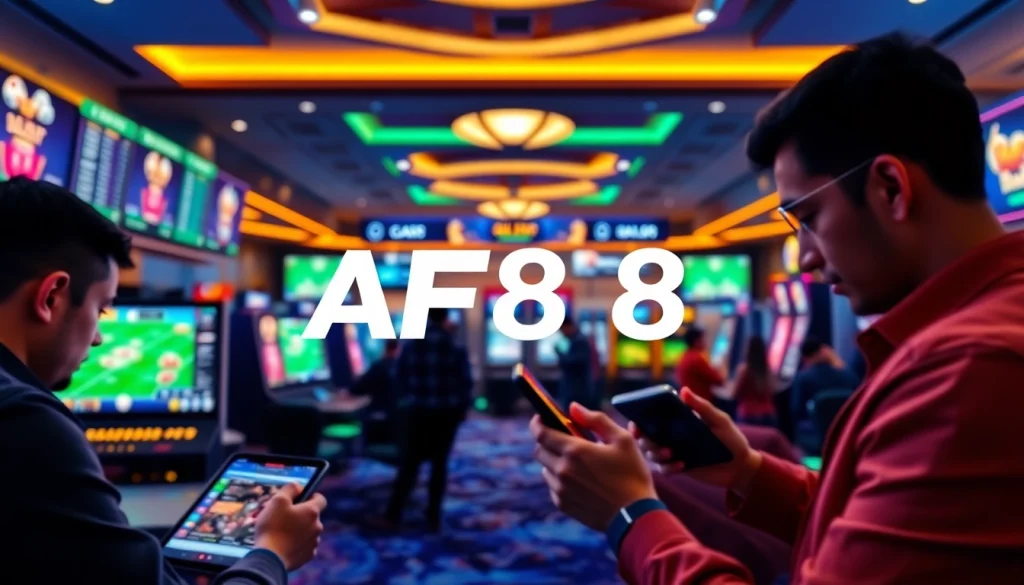 Engaging online gambling scene featuring AF88 with modern interfaces and excited players.