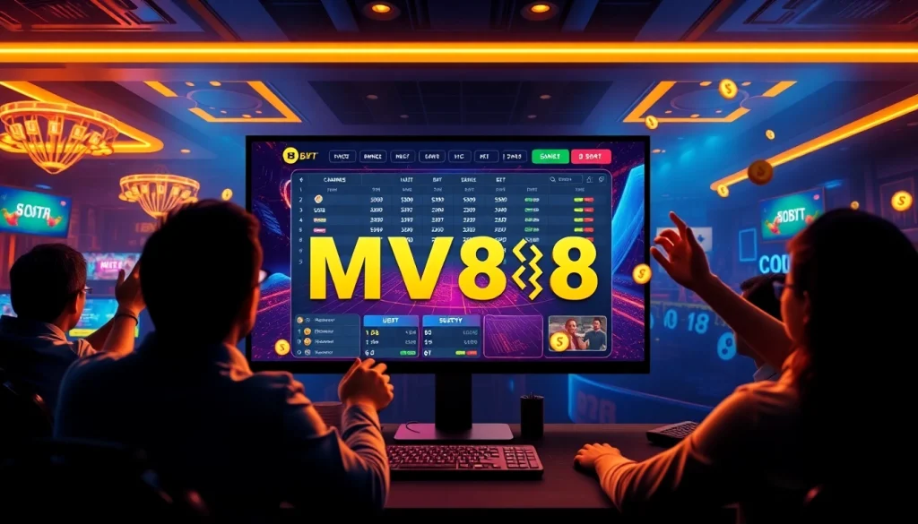 MV88 online gambling platform showcasing a modern, user-friendly interface with vibrant colors and digital currency elements.