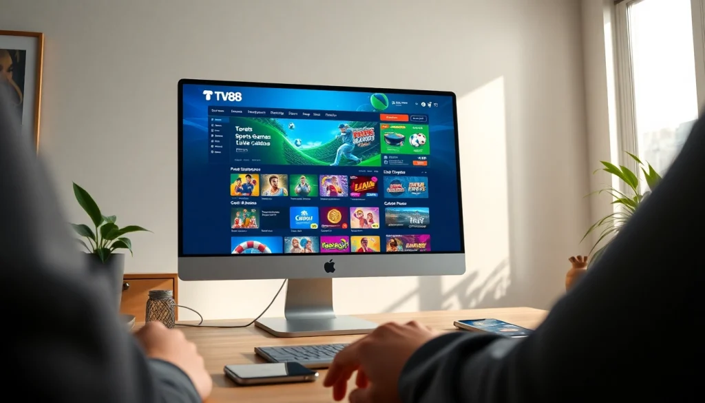 TV88 online betting platform interface displayed on a computer screen, highlighting game options and secure transactions.