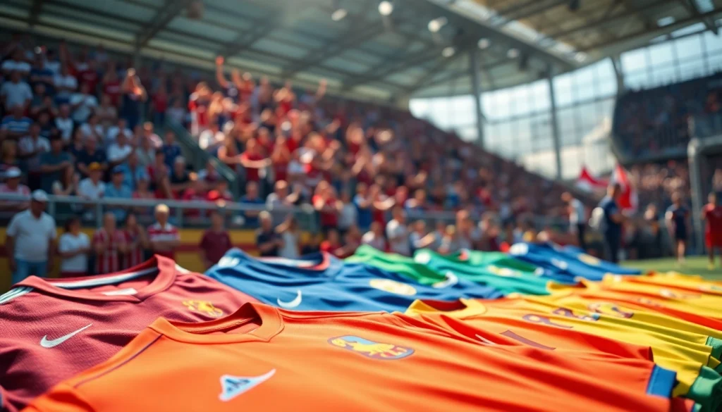Showcase the vibrant details of a team kit in a dynamic soccer atmosphere.