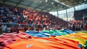 Showcase the vibrant details of a team kit in a dynamic soccer atmosphere.