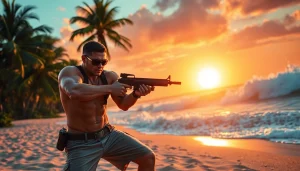 Character facing danger in Aloha and Bullets on a Hawaiian beach at sunset.