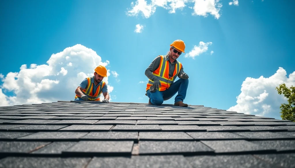 Provide reliable roofing services with professional contractors on a residential rooftop installation.