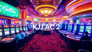 KJC AC 2 casino scene showcasing vibrant roulette tables and slot machines with excited players.