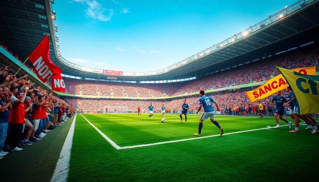 축구중계 장면에서 환호하는 관중과 열정적인 선수들의 활동 포착.