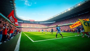 축구중계 장면에서 환호하는 관중과 열정적인 선수들의 활동 포착.