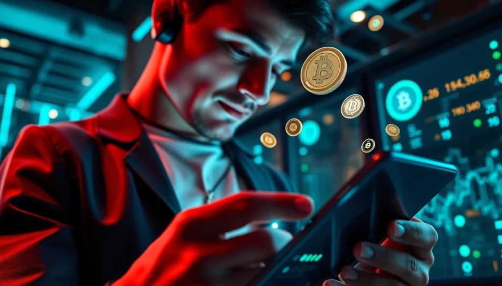 Engaged user exploring a crypto mining app on a smartphone, showcasing digital currencies and mining statistics.