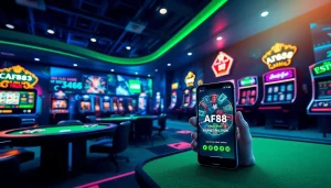 AF88 online betting platform with vibrant digital landscape showcasing mobile accessibility and casino elements.