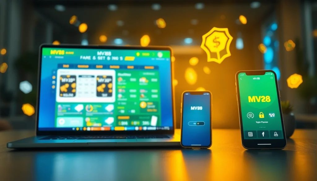 MV88 gaming platform interface featuring secure transaction icons and mobile app