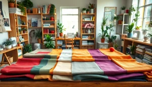 Een kleurrijke canvas display met verschillende texturen en patronen in een interieurontwerpatelier.