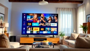 View of a modern living room with iron IPTV streaming options on display.