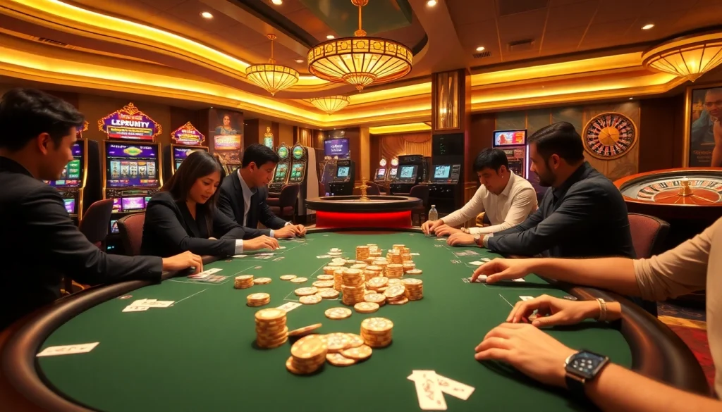 Gambling scene at TV88 with poker chips and vibrant slot machines.