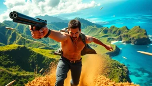 Experience thrilling Aloha and Bullets adventure as Leroy Silver dodges bullets in vibrant Hawaii scenery.