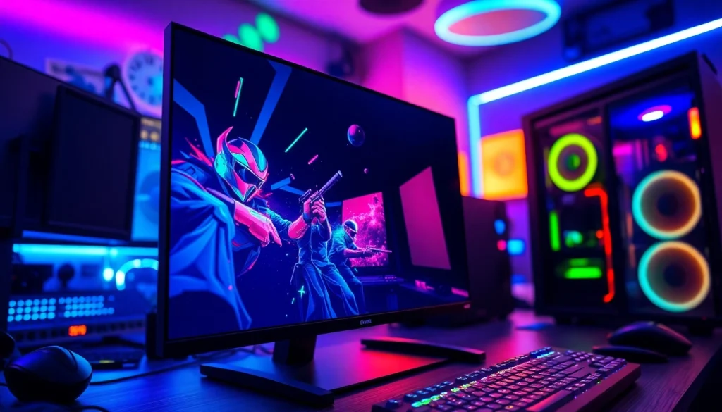 Showcase the TV88 screen in a vibrant gaming setup, emphasizing immersive visuals and high-tech peripherals.