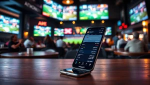 Engaging display of top sports betting apps India on a smartphone amid a sports bar atmosphere.